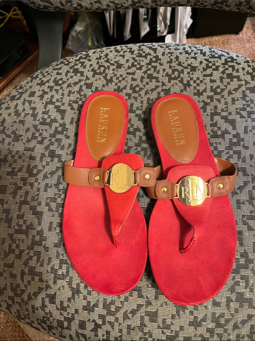 Ralph Lauren Red Suede Thong Sandals with Brown Leather Trim